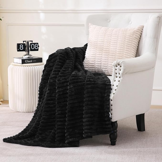 Black Fleece Throw Blanket 60”×80” for Couch Sofa Livingroom | Super Soft Cozy Plush Microfiber Flannel Bed Blanket Striped Design Lightweight Home Decor Gifts for Adults Mom Women