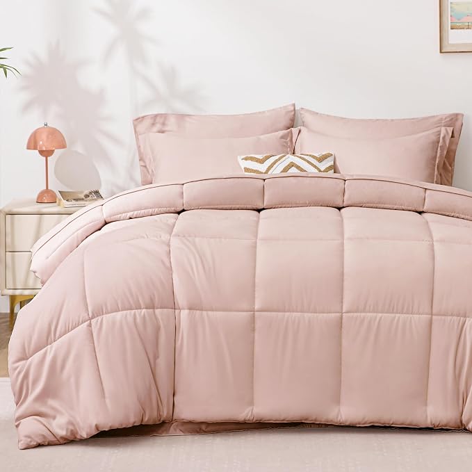 Love's cabin Full Comforter Set Blush Pink, 7 Pieces Full Bed in a Bag, All Season Bedding Sets with 1 Comforter, 1 Flat Sheet, 1 Fitted Sheet, 2 Pillowcase and 2 Pillow Sham