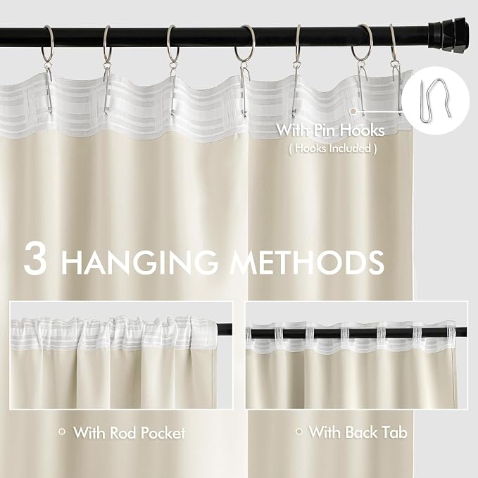 MIULEE Beige White Back Tab Blackout Curtains 52x108 Inch Long 2 Panels Set | Rod Pocket Pinch Pleated, Thermal Insulated, Bedroom Living Room Darkening Privacy Drapes, Extra Long Light Blocking Curtains