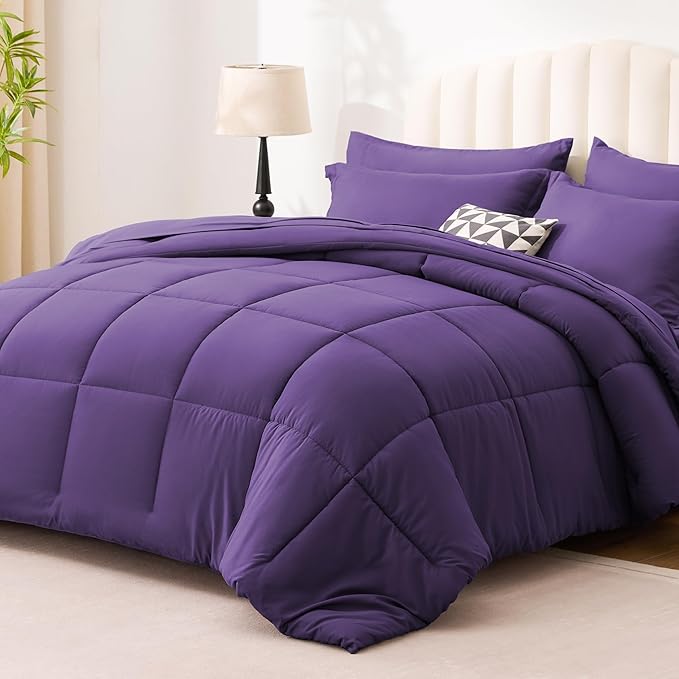 Love's cabin Queen Comforter Set Dark Purple, 7 Pieces Queen Bed in a Bag, All Season Bedding Sets with 1 Comforter, 1 Flat Sheet, 1 Fitted Sheet, 2 Pillowcase and 2 Pillow Sham