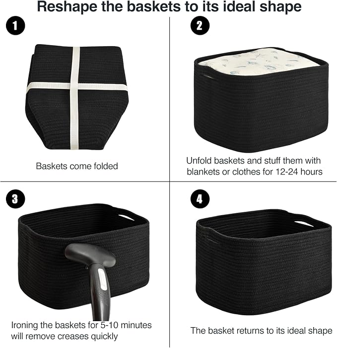 ICERZCZ Large Storage Baskets for Organizing Shelves, Woven Cotton Rope Bins for Baby Nursery Organization, Book Toy Towel Organizer, 17"x13"x9.5", 3 Packs, Black