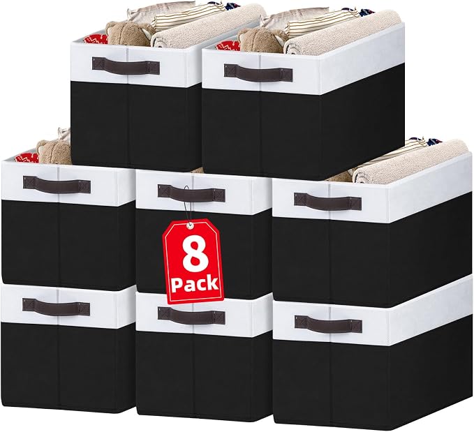 8 Pack Large Storage Baskets for Room Organization, Multi-Purpose Bins for Closet, Shelves, Kitchen, Office, Decorative Fabric Foldable Storage Boxes with Handles (14L*10W*9.5H)