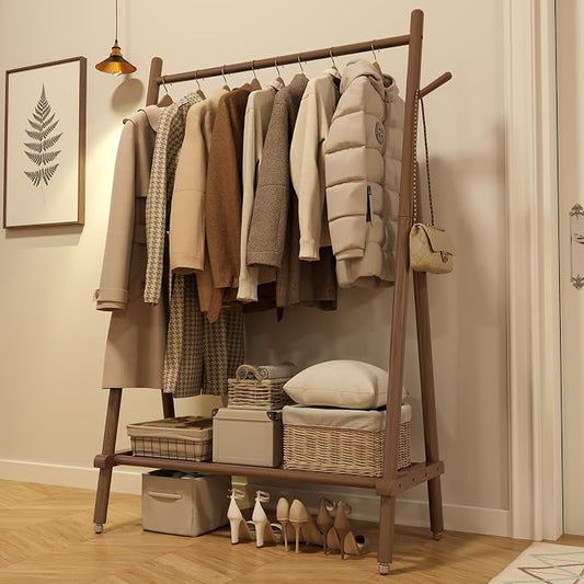 Muwuele Solid Wood Clothing Rack, Rolling Clothes Rack for Hanging Clothes, Garment Rack with Shelves Load 350 Lbs, Portable Closet Organizer on Wheels for Hanging Clothes (Walnut)