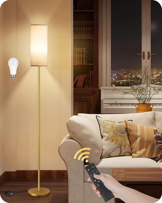 Dimmable Floor Lamps for Living Room with Remote and Foot Switch, 64.4” Modern Standing Tall Lamp, Corner Lamp for Bedroom, Bulb Included, 3000K-6500K, White and Gold, FCC Listed DW06LD05W1