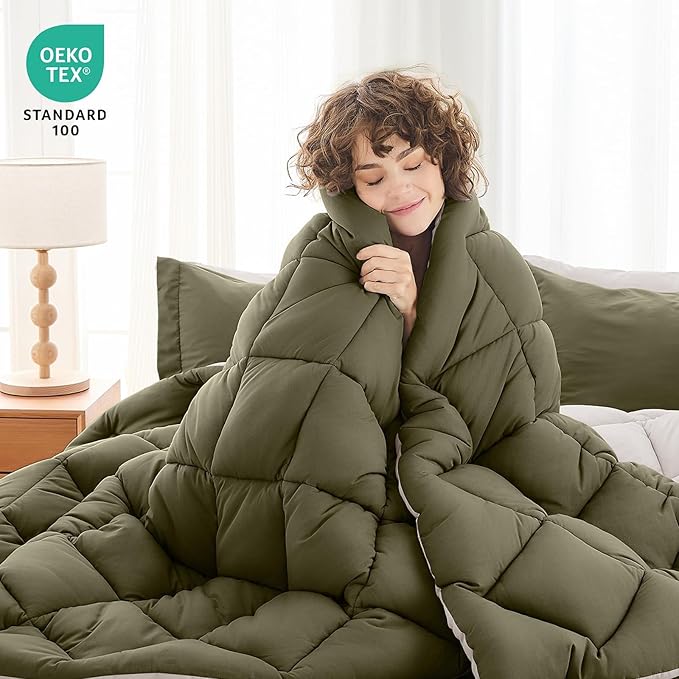 7 Pieces Full Comforter Set, Reversible Bed in a Bag Full Size, All Season Bedding Set with Comforter, Flat Sheet, Fitted Sheet, Pillowcases & Shams, Olive Green & Beige