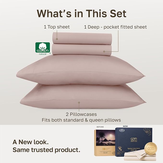 California Design Den 100% Egyptian Cotton Queen Bed Sheet Set, Dusty Rose | Backed by Good Housekeeping Seal, Light & Airy Soft Sateen, 16" Deep Pocket, All-Around Elastic, Durable, Easy Care 4pc Set