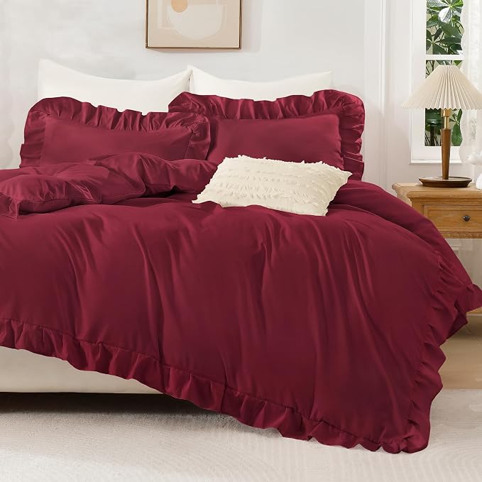 Andency Burgundy Ruffle Duvet Cover King, Shabby Chic Farmhouse Bedding Set | 3 Pieces Soft Washed Polyester Vintage Ruffled Comforter Cover Set with Zipper Closure & Corner Ties, 104x90Inch