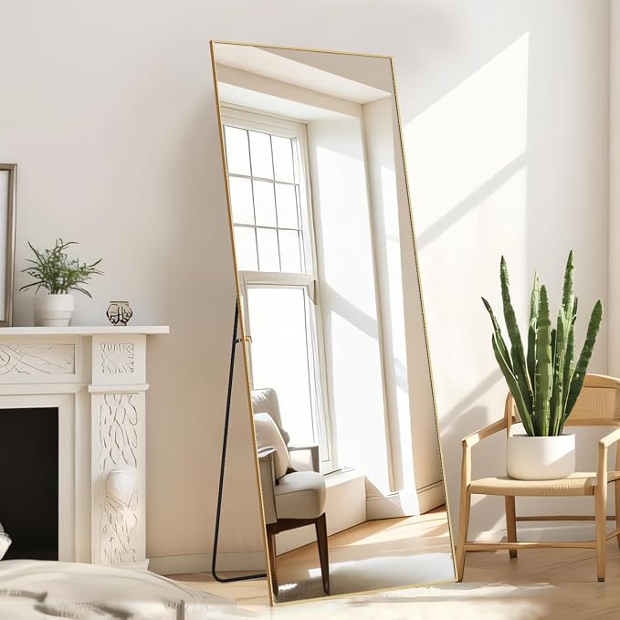 21"x64" Mirror Full Length, Upgraded Body Wall Mirrors | Shatter-Proof Glass, Floor Standing, Hanging or Leaning, Tall Mirror with Stand Aluminum Alloy Frame for Bedroom, Gold
