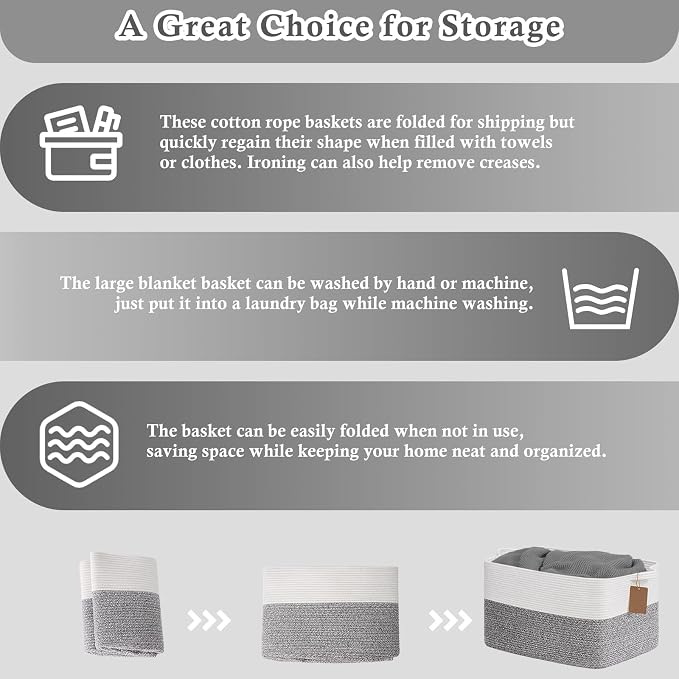 Goodpick 75L Extra Large Woven Rope Blanket Basket, Rectangle, Light Gray | 22" × 17" × 12" Decorative Storage Basket for Pillows & Clothes, Fits Bedroom & Nursery Organization, Reinforced Handles