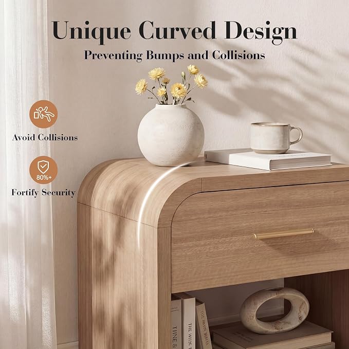 Night Stand Set of 2 [Unique Curved Profile] [FSC-Certified Wooden Board] 1-Drawer and 1 Storage Shelf Nightstand 24" H Metal Handle Modern Bedside Table Side Table End Table for Bedroom | [Curved Profile] [FSC-Certified Wooden Board] Nightstand 24" H ...