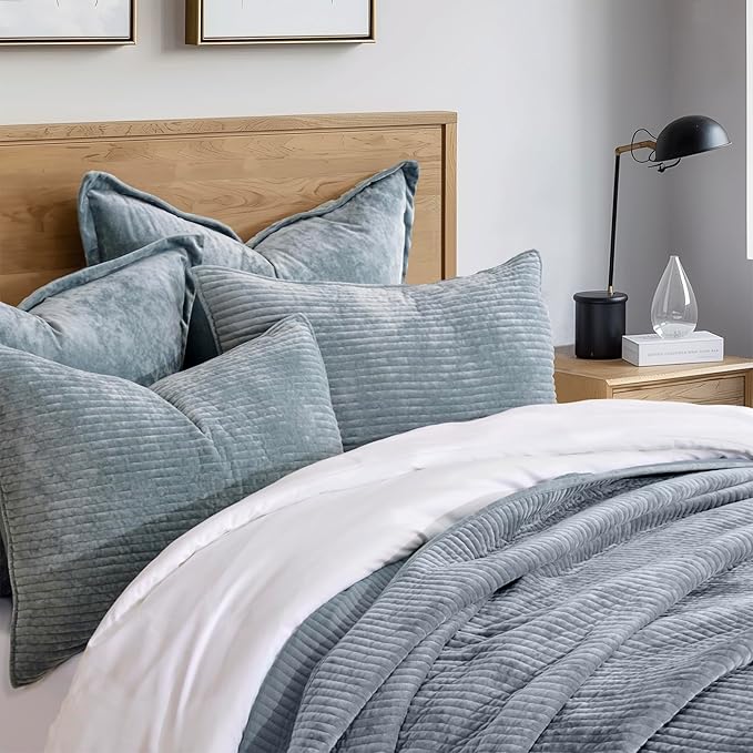 Striped Channel Velvet Quilt Set, King Size, Blue Linen | Luxurious Soft Lightweight Velvet Comforter, Oversized Bedspread Coverlet, Quilted Bedding Set for All Season, with 2 Shams