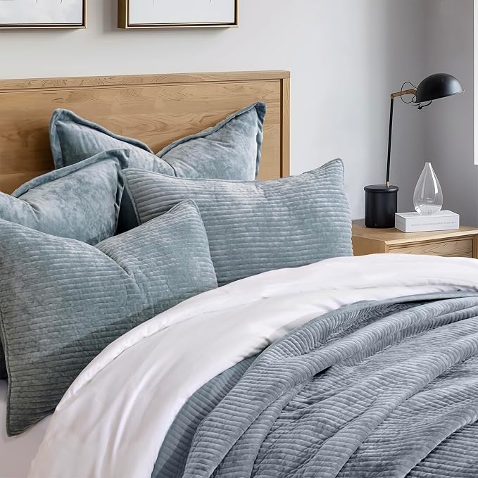 EverGrace Striped Channel Velvet Quilt Set, Queen Size, Blue Linen | Luxurious Soft Lightweight Velvet Comforter, Oversized Bedspread Coverlet, Quilted Bedding Set for All Season, with 2 Shams