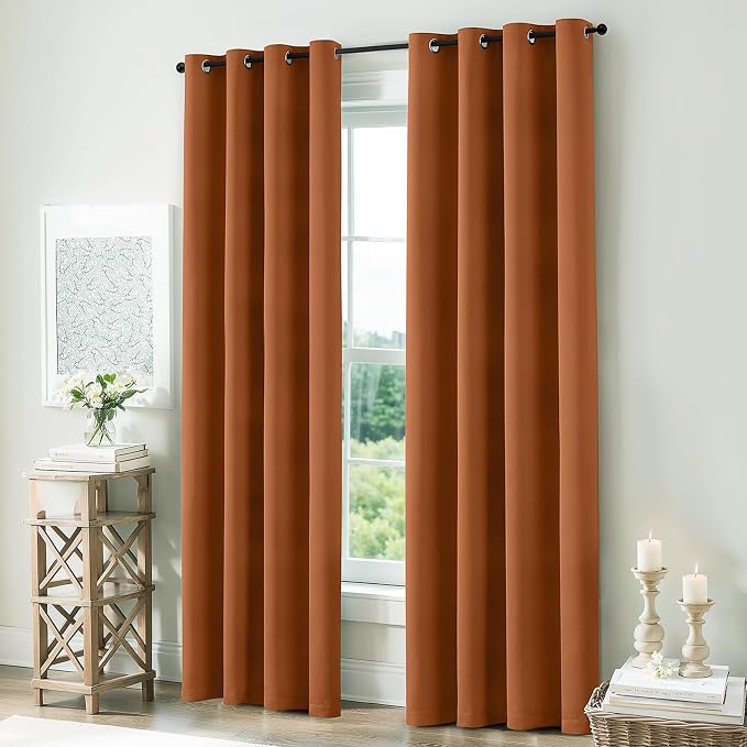 COSVIYA Grommet Brunt Orange 100% Blackout Curtains 63 inch for Bedroom | 2 Thick Layers Full Room Darkening Thermal Insulated Curtain,Grommet Window Drapes for Living Room, 52x63 Inch, 2 Panels