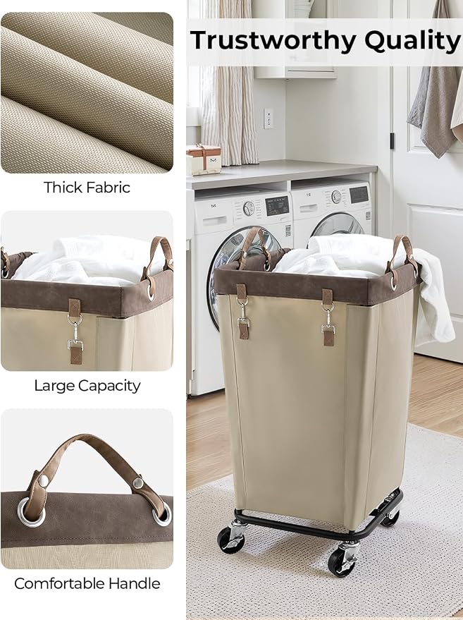 StorageWorks 160L Laundry Basket with Wheels, Rolling Hampers for Clothing | Light Kahki Laundry Basket with Wheels, Metal Frame & Handles, Rolling Hamper for Bedroom, Bathroom, Dorm, Hotel