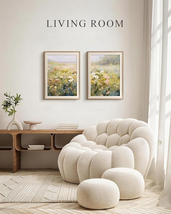 VIYYIEA Framed Canvas Wall Art Set of 2, Rustic Floral Impressionist Oil Painting, Wildflowers Meadow Nature Aesthetic Wall Decor, Living Room Bedroom Bathroom Kitchen, 12×16inch