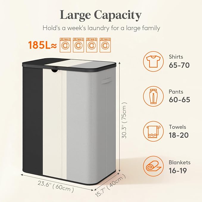Lifewit 185L 3 Section Laundry Hamper with Lid, Black/Gray/White | Large Foldable Laundry Sorter with 3 Removable Bags, Tall Clothes Hamper for Bedroom and Bathroom