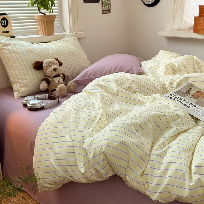 mixinni Pastel Yellow Lavender Striped King Duvet Cover Set, Soft Premium Washed Microfiber Aesthetic Stripes Comforter Cover with Hidden Zipper & Corner Ties, 3 Piece Sweet Teen Bedding for Girls