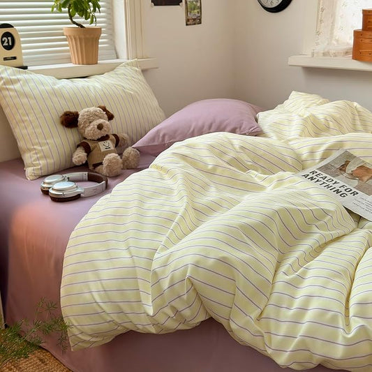 mixinni Pastel Yellow Lavender Striped Full Duvet Cover Set, Soft Premium Washed Microfiber Aesthetic Stripes Comforter Cover with Hidden Zipper & Corner Ties, 3 Piece Sweet Teen Bedding for Girls
