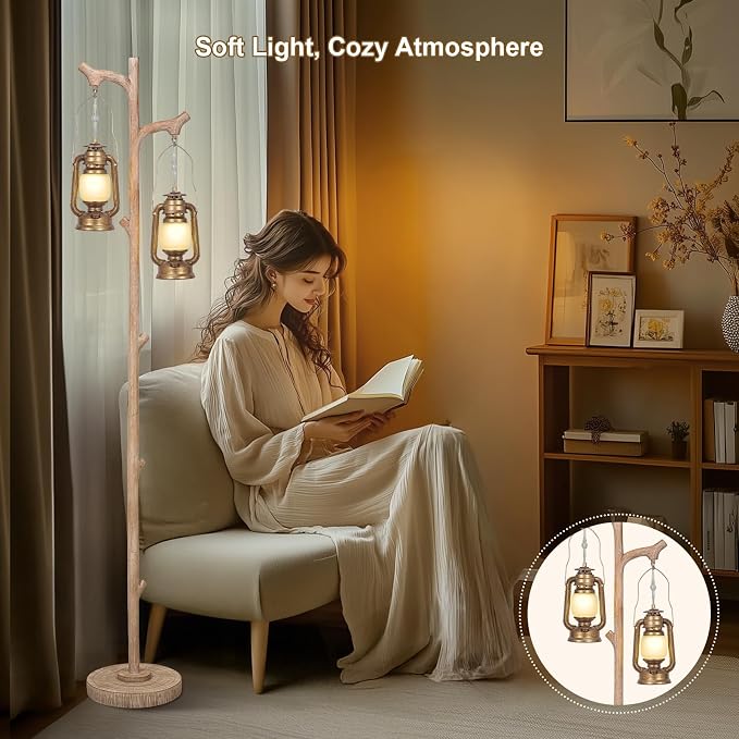 Scenekoy Vintage 68” Tall Resin Floor Lamp with Lanterns, Dimmable | Antiques Tree Trunk Finish Retro Standing Lamp, Stand Up Corner Lamp with Bulb Prefer for Living Room Bedroom Home Decor