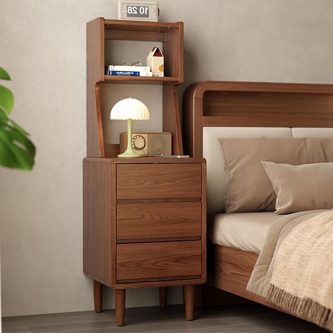 Solid Wood Bookshelf Nightstand Combo, Tall Nightstand with Bookshelf | Walnut Nightstand Bookshelf,Narrow Nightstand with Drawers,Open Shelf Bookcase,for Bedroom,Living Room,Offices