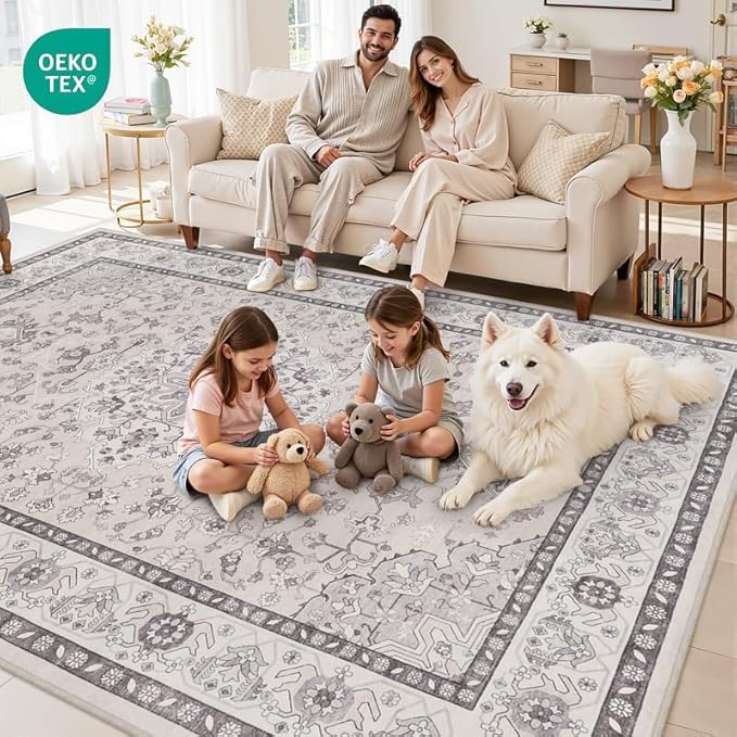 6x9 Area Rugs Living Room: Bedroom Washable Carpet Beige & Grey | Large Vintage Boho Indoor Decor Neutral Soft Nursery Farmhouse Dining Room Office Floor Non-Slip Low Pile Under Table Rug