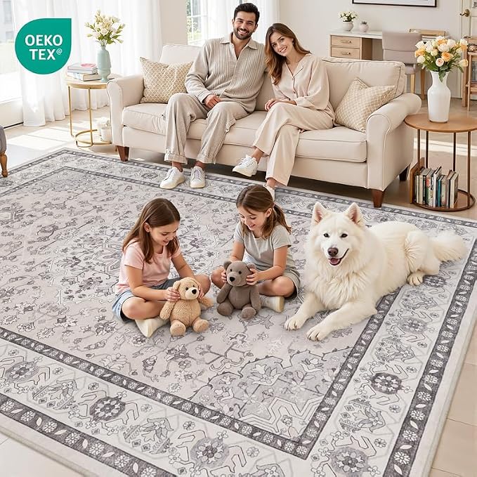 8x10 Area Rugs Living Room: Bedroom Washable Carpet Beige & Grey | Large Vintage Boho Indoor Decor Neutral Soft Nursery Farmhouse Dining Room Office Floor Non-Slip Low Pile Under Table Rug