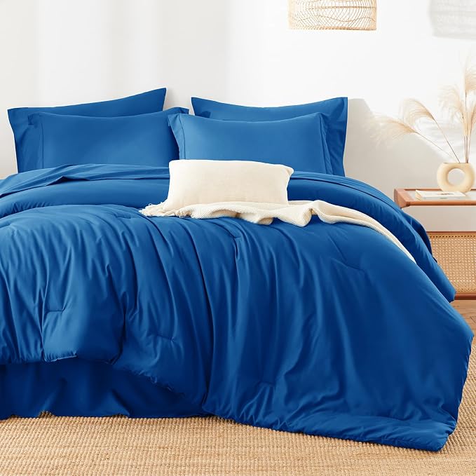 HIMEET Queen Comforter Set, 7-Piece Point-Quilted Bed in a Bag Classic Blue | OEKO-TEX Certified, Lightweight 240 GSM Comforter, Flat Sheet, 14-Inch Deep-Pocket Fitted Sheet, Pillowcases & Shams