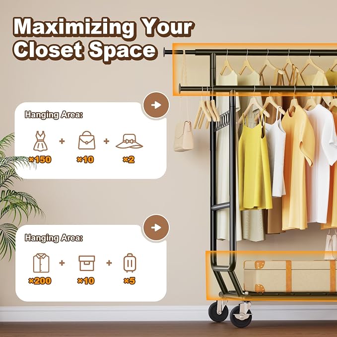 HOKEEPER Clothes Rack Load 650 LBS Collapsible Clothing Rack Double Rod | Black 22"D*75"W*68"H, Adjustable Heavy Duty Garment Rack for Hanging Clothes Rolling Commercial Closet Rack with Shelves
