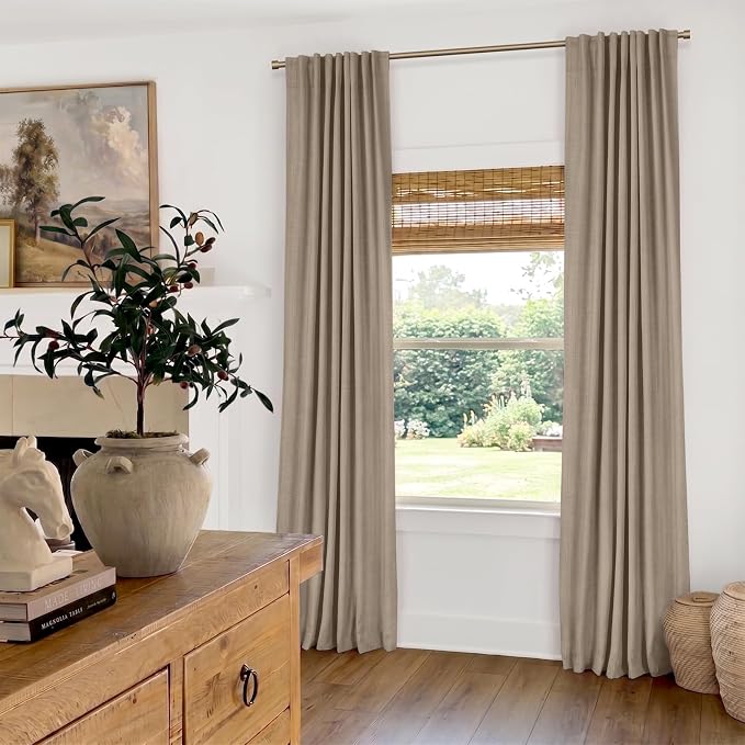 Faux Linen Total Blackout Curtains for Bedroom 80 Inch Long Burlywood Birch | 100% Blackout Shield, Back Tab/Rod Pocket Living Room Drapes, Thermal Insulated Blackout Curtains 2 Panels Set, 50"W x 80"L