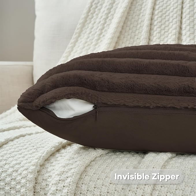 FUTEI Pack of 2 Faux Fur Throw Pillow Covers 28x28 Inch, Dark Coffee | Fluffy Faux Rabbit Fur Front/Premium Velvet Back,Hidden Zipper,Machine Washable,Non-Shedding,Colorfast,Insert Not Included.