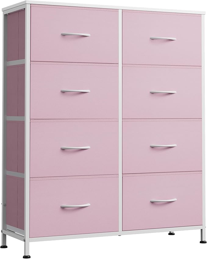 WLIVE 8 Drawer Fabric Dresser for Bedroom, Tall Storage Tower, Pink | Pink 8-drawer tall storage tower with fabric bins and wood tabletop, breathable non-woven, perfect for bedroom closet dorm