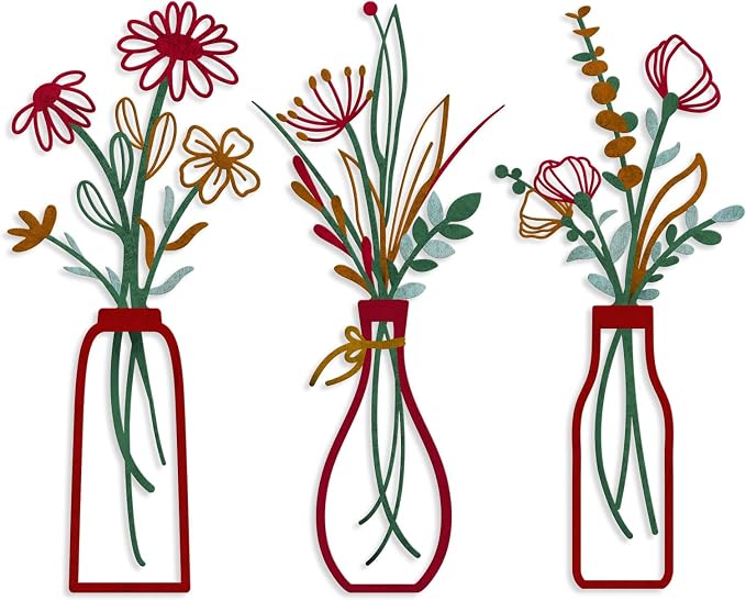 Pigort 3 Pieces Metal Vase Flowers Wall Arts - Rustic Farmhouse Style Décor Metal Wall Art Black Minimalist Flower Natural Themed Wall Decors for Home Bedroom Dining Room Housewarming (Red, Vase-C)