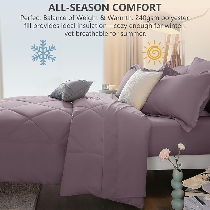 King Size Comforter Set Dusty Purple - 7 Pieces Bed in a Bag | OEKO-TEX Certified, All Season, 240GSM Down-Alternative Comforter, Sheets, Pillowcases & Shams, 14" Deep Pocket, Easy Care