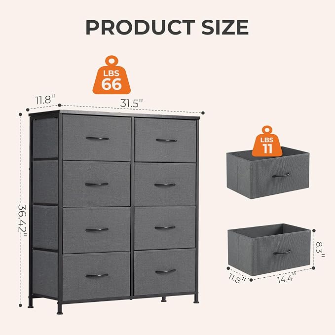 Sweetcrispy Dresser for Bedroom, Fabric Dresser with 8 Drawers, Ash | Chest of Drawers for Closet, Living Room, Sturdy Steel Frame, Wooden Top, Easy Pull Handle