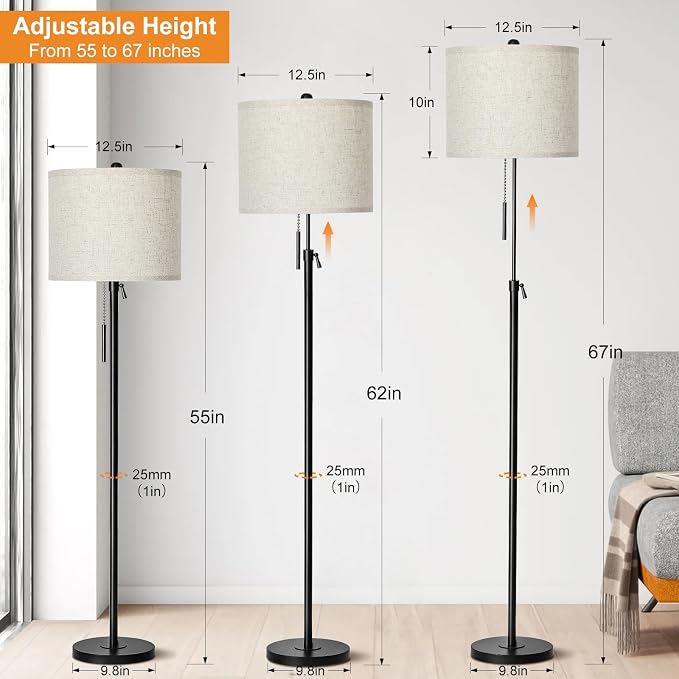 Qingmiao Adjustable Height Floor Lamp for Living Room, Black Standing Lamp for Bedroom Office, Modern Tall Lamp with Linen Shade, 3-Way Dimmable 8W 3000K LED Blub Included (Black)