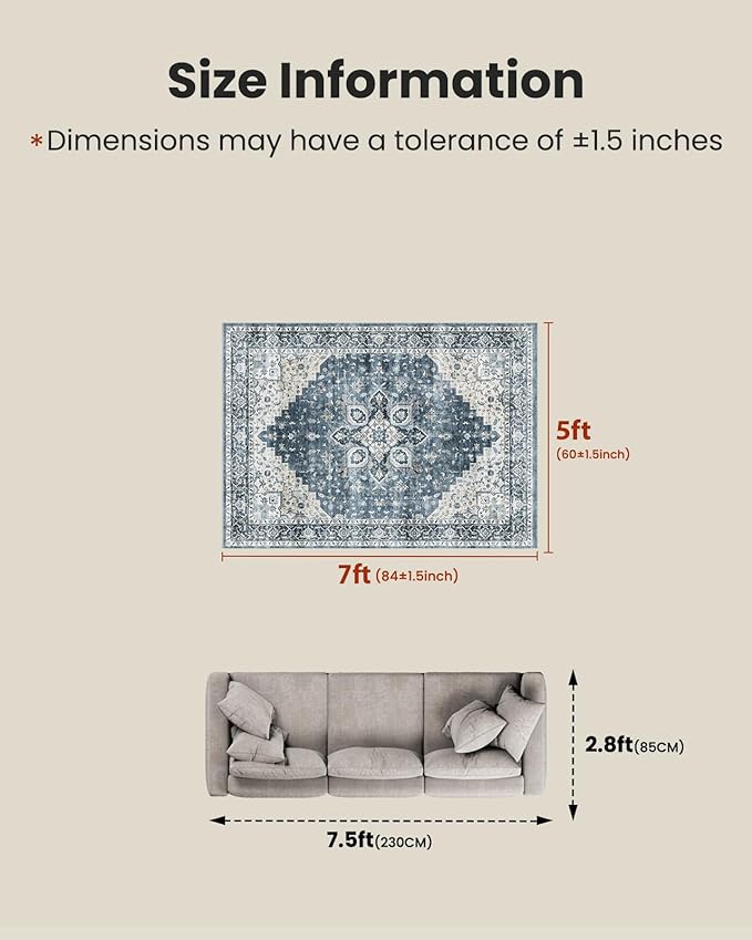 AMADA HOMEFURNISHING 5x7 Area Rugs, Washable Living Room Rug Low-Profile with Non-Slip Backing & Durable Edge Binding, Vintage 5x7 Rugs for Living Room, Bedroom, Dinning Room