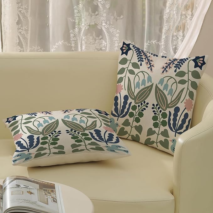 Navy Blue Boho Pillow Covers 16x16 Inch 2 Pcs Sage Green Floral Decor Throw Pillows Vintage Flower Seasonal Spring Summer Outdoor Decoration Pillowcase Linen Cushion Cover for Couch Sofa