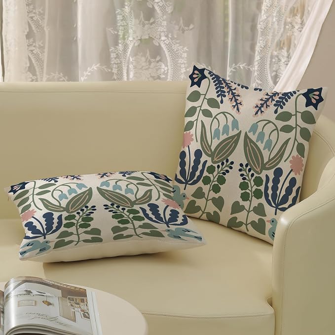 Navy Blue Boho Pillow Covers 20x20 Inch 2 Pcs Sage Green Floral Decor Throw Pillows Vintage Flower Seasonal Spring Summer Outdoor Decoration Pillowcase Linen Cushion Cover for Couch Sofa
