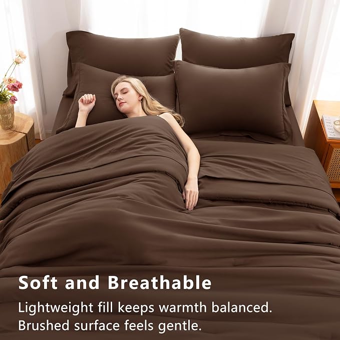 California King Comforter Set Brown, 7 Pieces Cal King Bed in a Bag King Comforter Set with Sheets, Soft Bedding Set with Down Alternative Comforter, Sheets, Pillowcases & Shams, Soft Bed Set