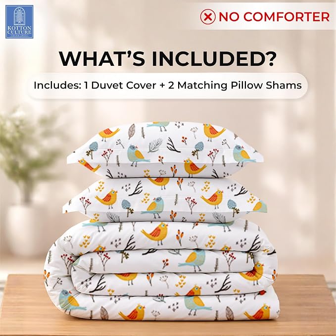 3 Pc Queen Size Duvet Cover Set- 100% Egyptian Cotton 600 Thread Count Ultra Soft Premium Durable Comforter Cover Zipper Closure & Corner Ties (Forest Birds,Queen/Full 90" X 90")