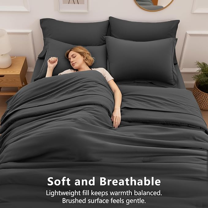 HIMEET King Comforter Set, 7-Piece Point-Quilted Bed in a Bag, Dark Grey | OEKO-TEX Certified, Lightweight 240 GSM Comforter, Flat Sheet, 14-Inch Deep-Pocket Fitted Sheet, Pillowcases & Shams