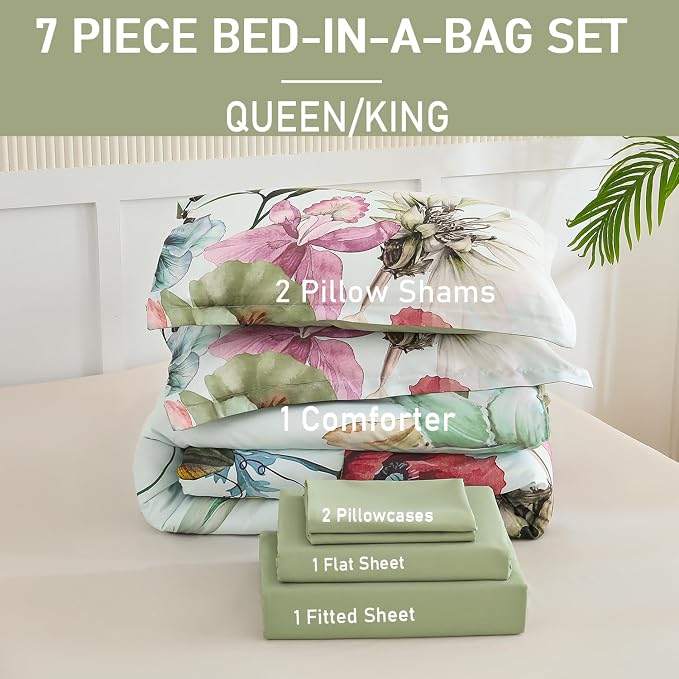 Yogeneg King Size Comforter Set 7 Piece Bed in a Bag,Elegant Floral Botanical Pattern Green Bedding Set,Soft Microfiber Comforter with Sheet Set,All Season Bed Set(Green Floral,King)