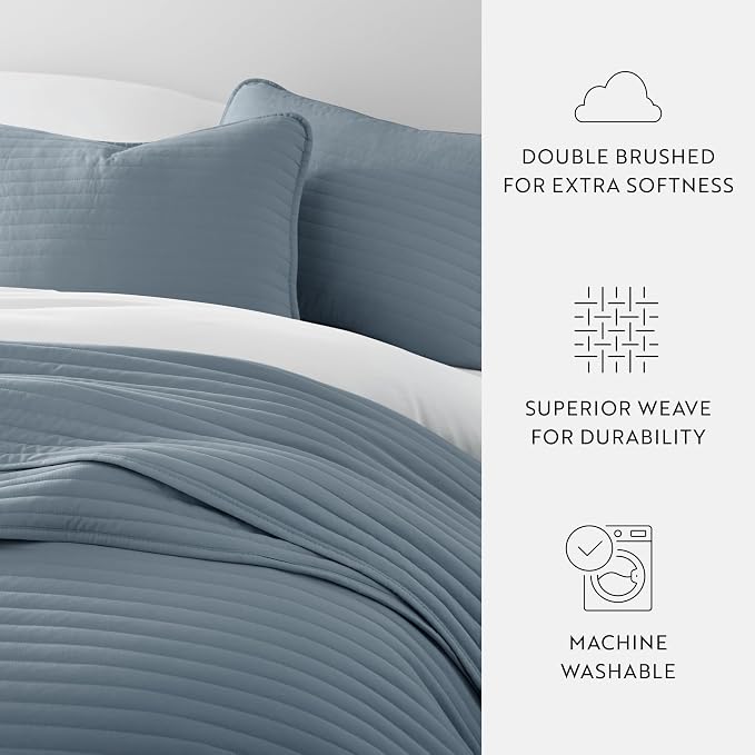 Merit Linens Modern Quilt Coverlet Soft Set in Stripe Stitching - Full/Queen Dusk Blue