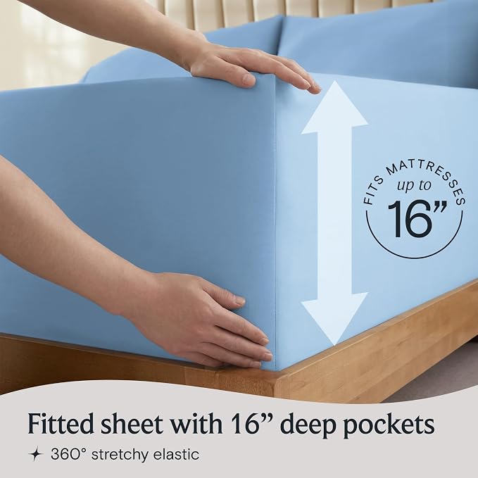 LuxClub 4 PC California King Sheet Set, Deep Pockets Wrinkle Free Cooling Bed Sheets Hotel Bedding for Women, Men, Includes 1 Fitted Sheet, 1 Flat Sheet and 2 Pillowcases-Sky | LuxClub Silky Fitted Sheet & Pillowcase Sets, Breathable Hotel Luxury Beddi...