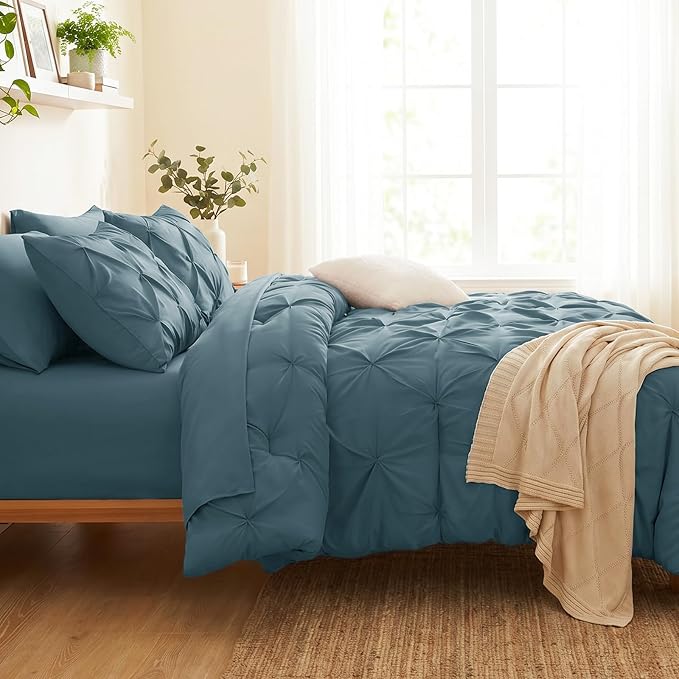 Twin XL Comforter Set Mineral Blue, 5 Pieces Pintuck Bed in a Bag | College Dorm Essentials, OEKO-TEX 100 Certified, 240GSM All Season, Down-Alternative Comforter, Sheets, Pillowcase & Sham