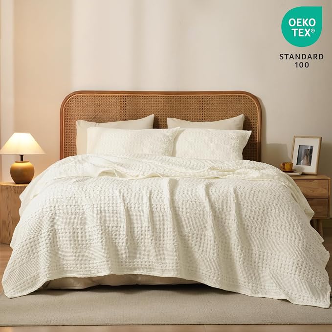 PHF Lightweight 100% Cotton Waffle Blanket for Bed, King, Cannoli Cream | Pre-Washed Soft Cotton Comfort, Breathable Layering Warmth for Fall & Winter, Bed, Sofa, Couch, Home Decor & Gifts