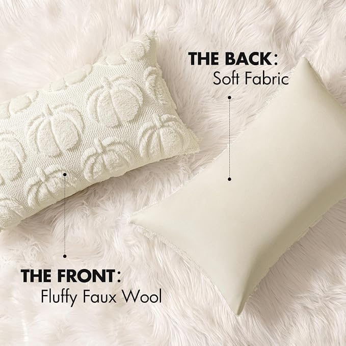 MIULEE Fall Pillow Covers Pumpkin Fall Decor Lumbar 12x20 Cream White | Set of 2 Fall Decorations for Home, Plush Faux Fur Farmhouse Accent Pillowcases, Porch Sofa Couch Cushion Bed Livingroom