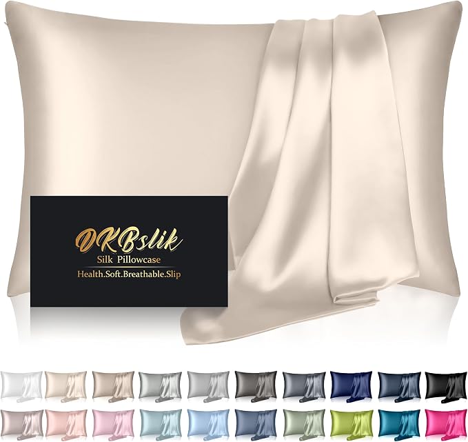 Silk Pillowcase for Hair and Skin, Mulberry Silk Pillow Cases Standard Size Anti Acne Cooling Beauty Sleep Both Sides Natural Silk Satin Pillow Covers with Hidden Zipper, Gifts for Women Men, Beige