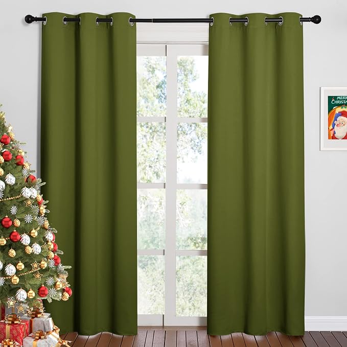 NICETOWN Holiday Christmas Decor Curtains, 1 Pair, 42 by 84-in, Olive Green | Thermal Insulated Solid Grommet Blackout Curtains/Drape for Living Room