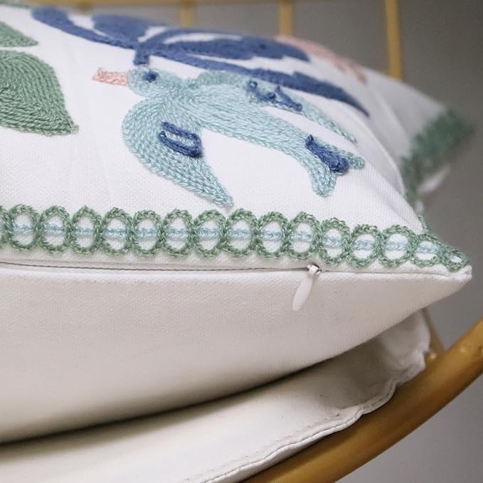 Pack of 2 Embroidered Decorative Throw Pillow Cover 18x18 Inch Farmhouse Floral Pillowcase for Living Room Sofa Bed (Bird Flower-Waist)